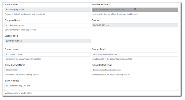 Screenshot: General section of Portal Configuration: Portal Name, Portal Hostname (locked), Company Name, Created date, Last Modified date, Contact Name, Contact Email, Billing Contact Name, Billing Contact Email, Billing Address. "Mailing address used for billing".