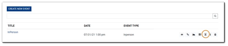 Screenshot: Events list, with the Registrant icon highlighted for an In-Person Event.