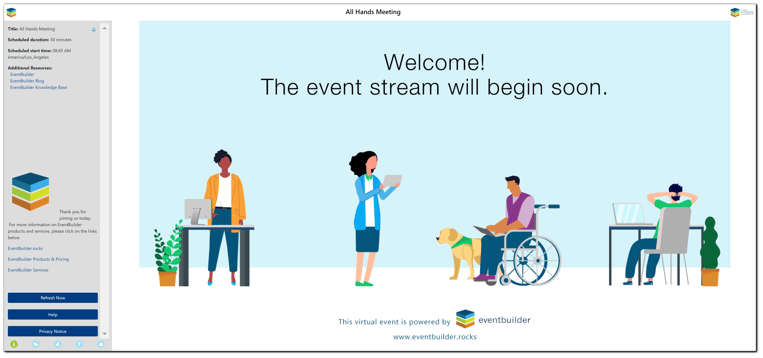 Screenshot: Attendee Streaming Console view. Vector graphic of a man in a wheelchair with a dog, a woman holding a tablet, a Black woman standing at a desk, and a man sitting at a desk. "Welcome! The event stream will begin soon."