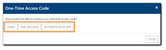 Screenshot: One-Time Access Code dialog. "How would you like to receive your one-time access code?" Options are Email, SMS Message, Authenticator App.
