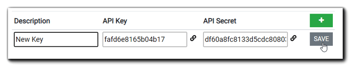 Screenshot: API Key & Secret information with the Description field completed.