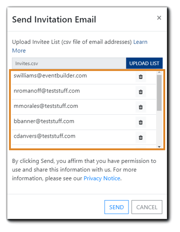 Screenshot: Send Invitation Email dialog after a csv file has been uploaded.