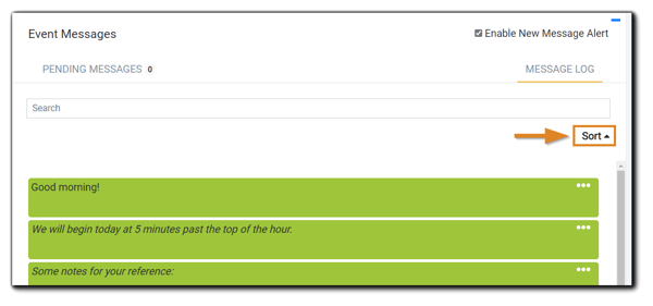 Screenshot: Event Messages widget, with sort option highlighted.