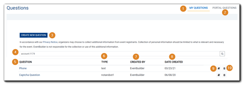 Screenshot: Unified Question Bank main dialog. Numbered items: My Questions, Portal Questions, Create New Question button, Search Field, Question, Type, Created By, Date Created, Book icon, Trash Icon.