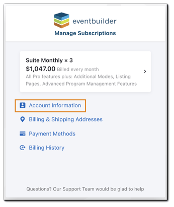 Screenshot: Manage Subscriptions menu with 'Account Information' highlighted.