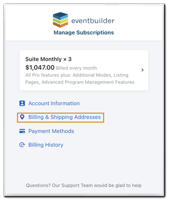 Screenshot: Manage Subscriptions menu with Billing & Shipping Addresses highlighted.