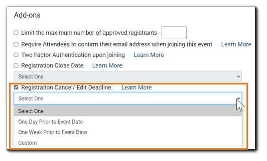 Screenshot: Security Add-ons section with the 'Registration Cancel/Edit Deadline' drop down options displayed.