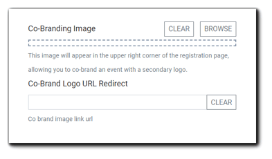 Screenshot: Co-Branding image interface. Transcript: "This image will appear in the upper right corner of the Registration Page, allowing you to co-brand an event with a secondary logo."
