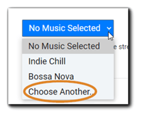 Screenshot: Music selection drop-down, with 'Choose Another' highlighted.