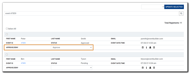 Screenshot: 'Show Registrants' dialog with 'Approve/Deny' field highlighted.
