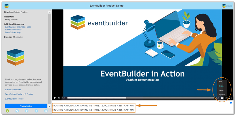 Screenshot: Live event viewing area with CC selection area highlighted and the location where captions will appear noted.