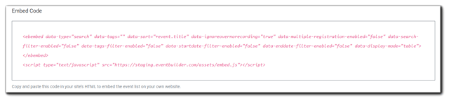 Screenshot: Listing Page embed code.