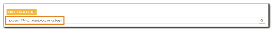 Screenshot: Event Search field, including the account and sort search commands.