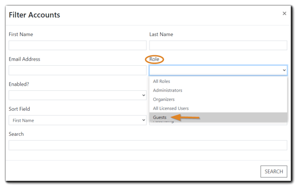 Screenshot: Accounts filter window with the 'role' dropdown menu highlighted.