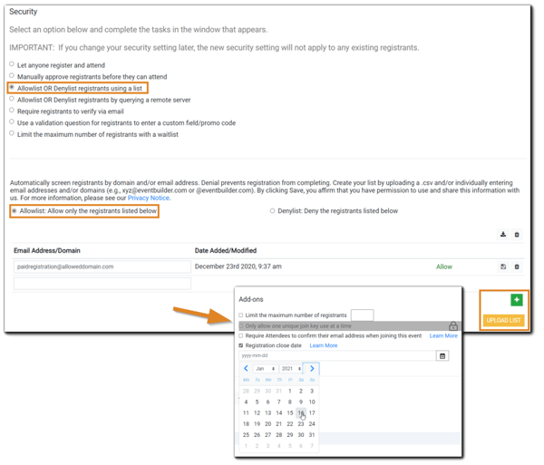 Screenshot: Security setting dialog with Allowlist/Denylist highlighted, and the manual add or upload list options highlighted. Add-on option dialog is displayed as well.