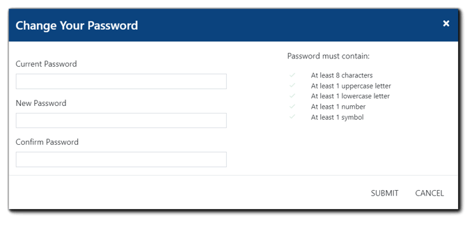 Screenshot: Change Your Password dialog. Fields: Current Password, New Password, Confirm Password, and password requirements.