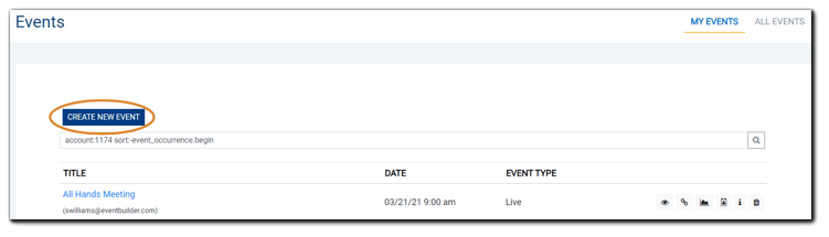 Screenshot: Events list with 'Create New Event' button highlighted.
