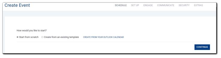 Screenshot: Event Creation options displayed: Start from scratch, Create from an existing template, and Create from your Outlook calendar.