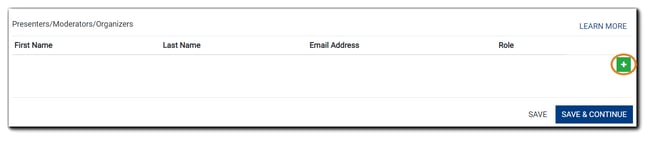 Screenshot: Section for adding Presenters, Moderators, and/or Organizers.