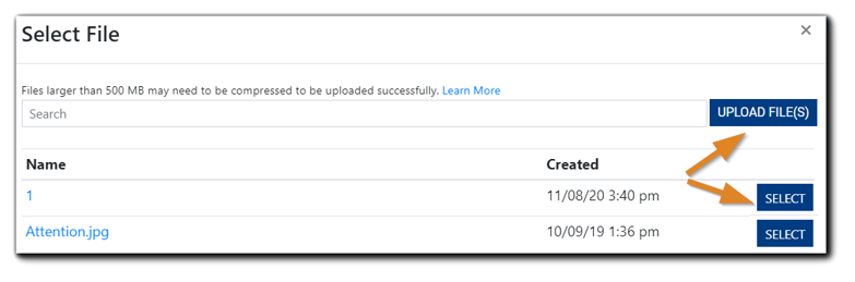 Screenshot: The 'Select File' window for uploading or choosing a banner for email customization.