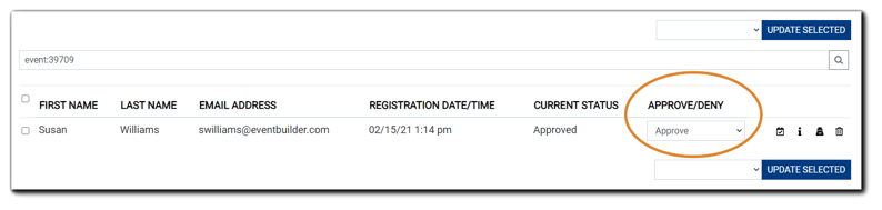 Screenshot: Attendee approve/deny dialog.
