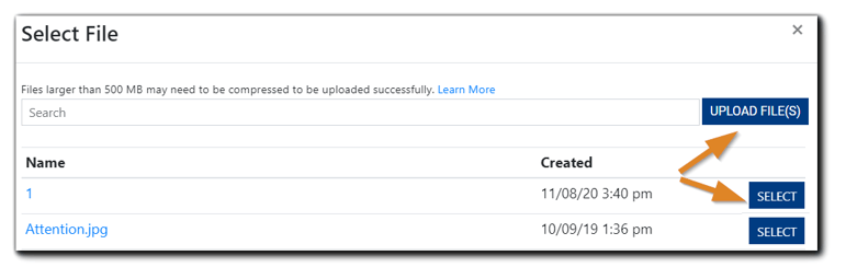 Screenshot: Select File window with the 'Upload File(s)' button circled and an arrows pointing to the 'Select' button and 'Upload File(s); button.