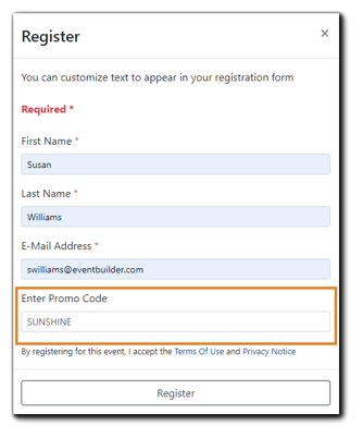 Screenshot: Event Registration form with validation question highlighted.