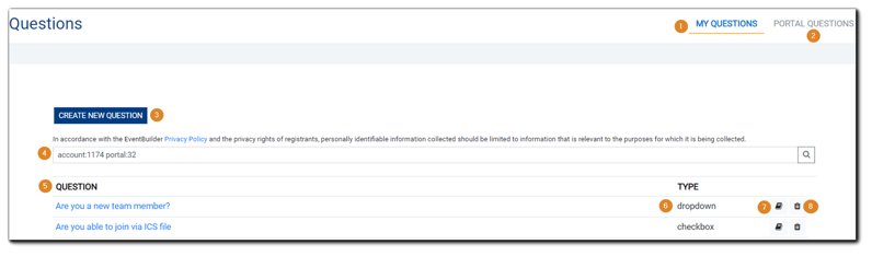 Screenshot: Main Questions page with numbered items.