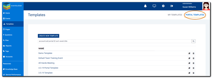 Screenshot: Templates list with Portal Templates area highlighted.