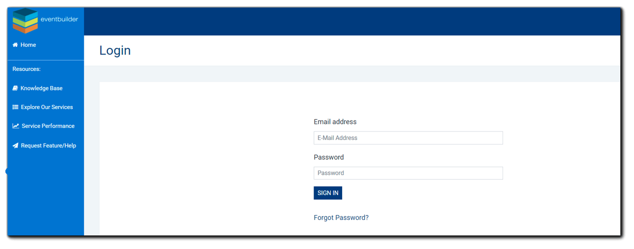 Screenshot: EventBuilder main login screen - email address and password fields, blue sign in button, and forgot password link showing.