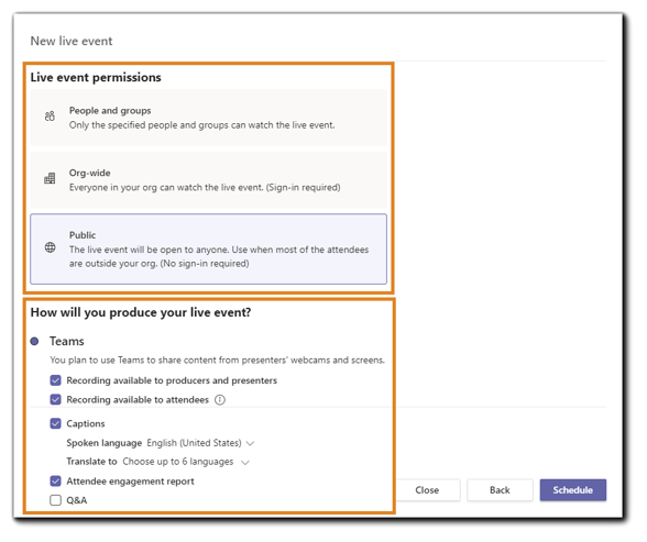 Screenshot: Teams Live Event permissions and event details.