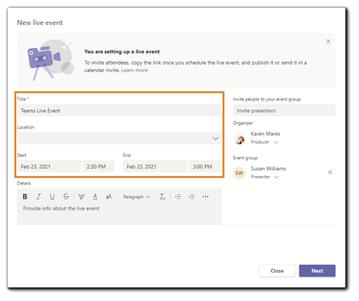 Screenshot: Teams Live Event setup window.