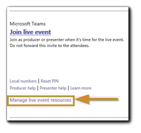 Screenshot: Live Event resources option located on the Teams Live Event calendar item.