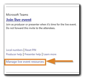 Screenshot: Live Event resources option located on the Teams Live Event calendar item.