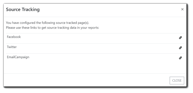 Screenshot: Source Tracking confirmation. Transcript: You have configured the following source tracked page(s). Please use these links to get source tracking data in your reports."
