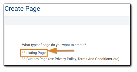 Screenshot: Create Page dialog with Listing Page radio button highlighted.