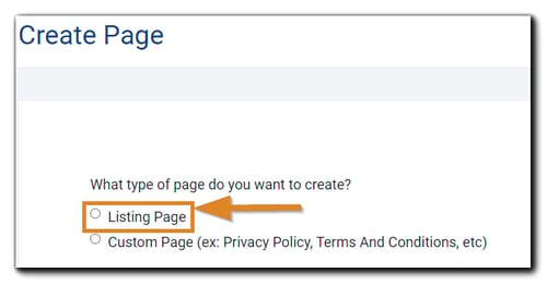 Screenshot: Create Page dialog with Listing Page radio button highlighted.