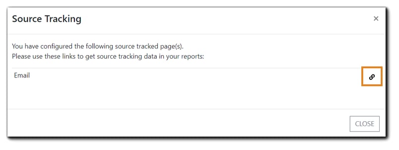 Screenshot: Source Tracking confirmation with the link icon highlighted. Transcript: You have configured the following source tracked page(s). Please use these links to get source tracking data in your reports.