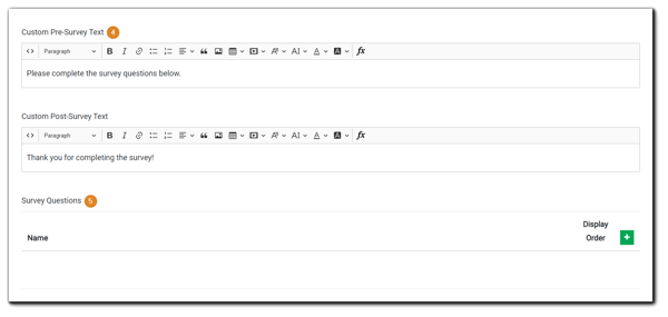 Screenshot: Engage Step Survey options - Pre-Survey Text, Post-Survey Text, Survey Questions function.