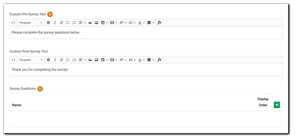 Screenshot: Engage Step Survey options - Pre-Survey Text, Post-Survey Text, Survey Questions function.
