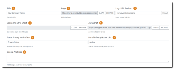 Screenshot: Logo, Style, Privacy, and Analytics Section of Portal Configuration.
