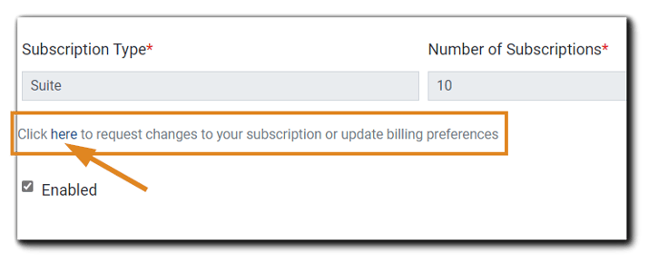 Screenshot: Billing and Subscription changes email on the Portal Configuration General tab.