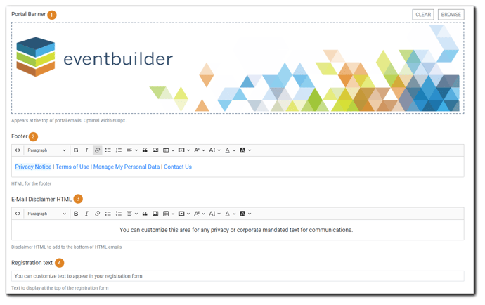 Screenshot: Portal Banner, Disclaimer, Footer, and Registration Text editors.