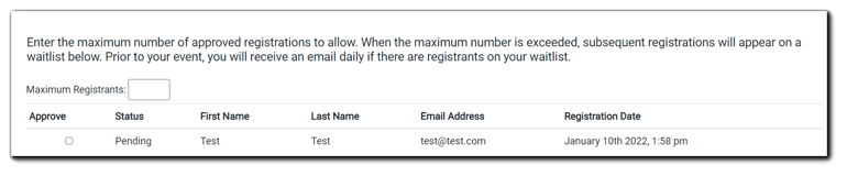 Screenshot: Controls for the Limit Number of Registrants security option.
