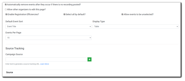 Screenshot: Page customization options, including registration efficiencies, Event Sort, and source tracking.
