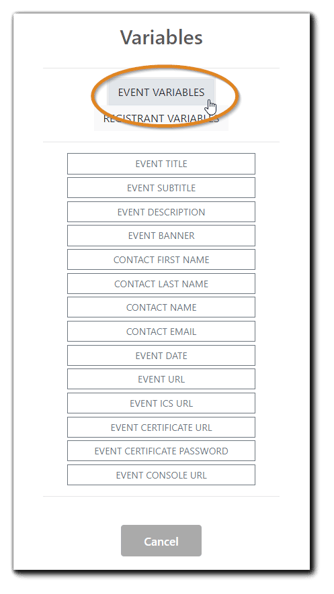 Screenshot: Event Variables window with Event options calendar invitation content.
