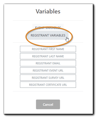 Screenshot: Registrant Variables window with Registrant options calendar invitation content.