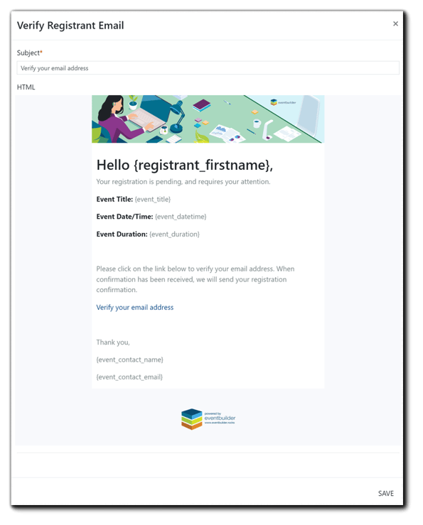 Screenshot: Verify Registration Email editor window.