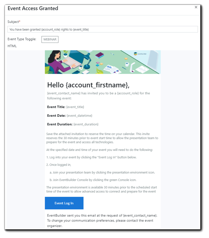 Screenshot: Event Access Granted email customization area.