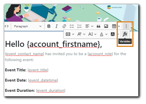 Screenshot: Top of email's open HTML editor with 'fx' button highlighted.